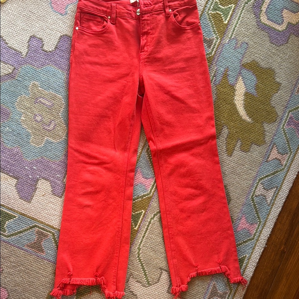 Vibrant Red Women's Flare Jeans with Frayed Hem